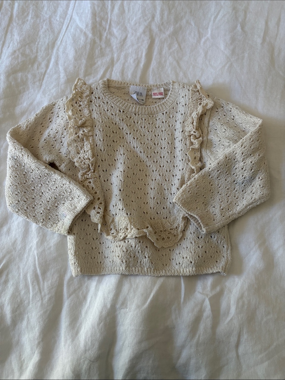 Zara Toddler Girl Cream Eyelet Ruffle Knit Sweater